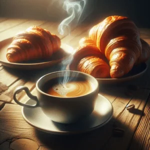 Taza de café humeante negro con croissant en pastelería