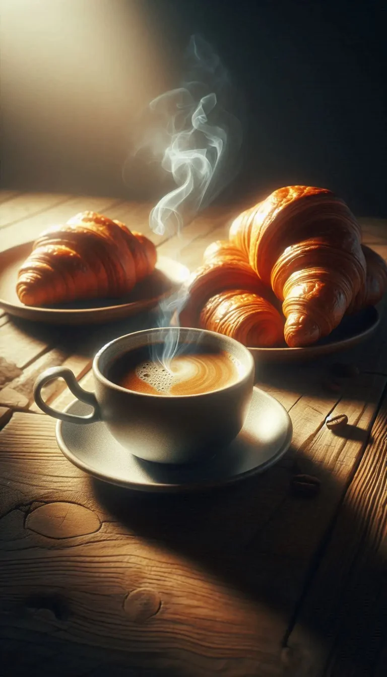 Taza de café humeante negro con croissant en pastelería